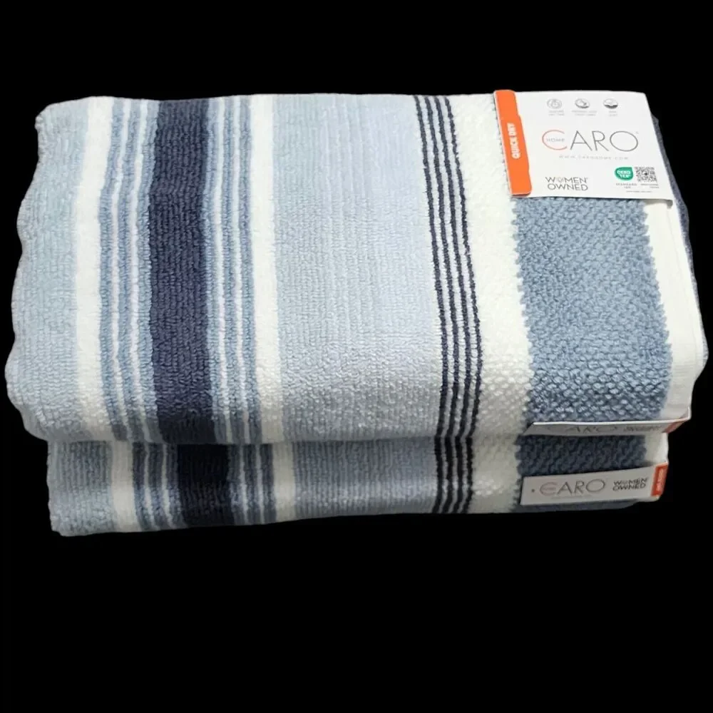 Caro Home 8pc Blue And‎ White Striped Cotton Towel Set 2 Bath 2 Hand 4 Tip NEW